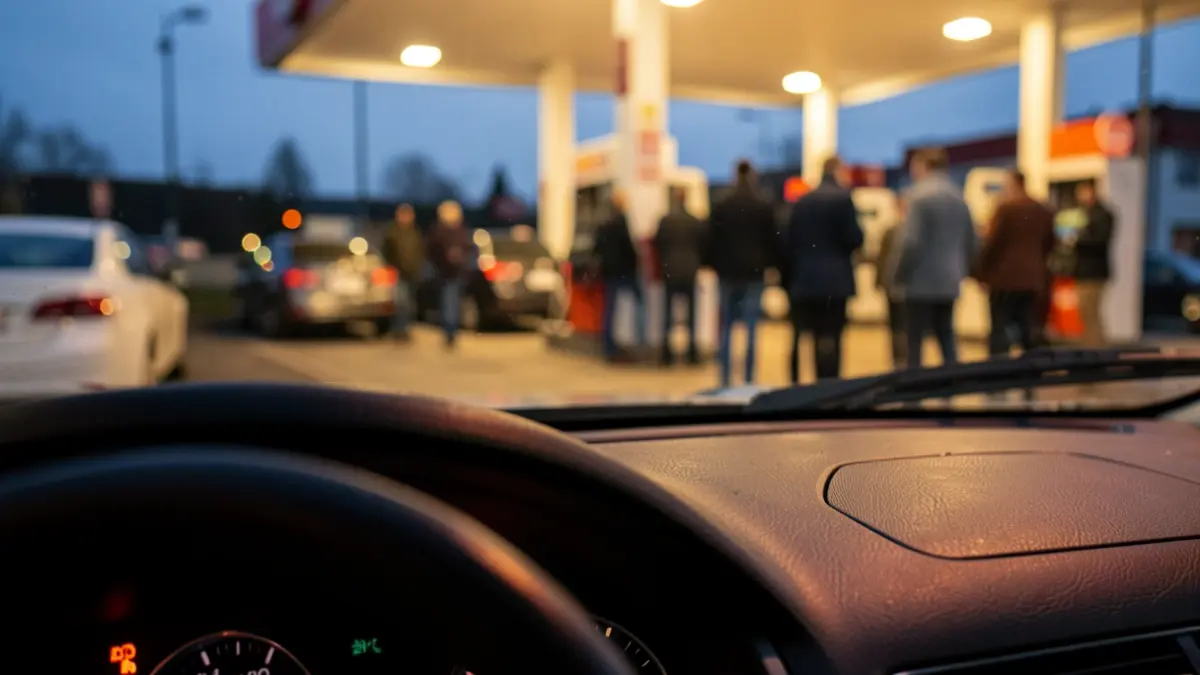 Imaxe xenérica dun indicador de combustible dun coche case cheo nunha gasolineira ao anoitecer.