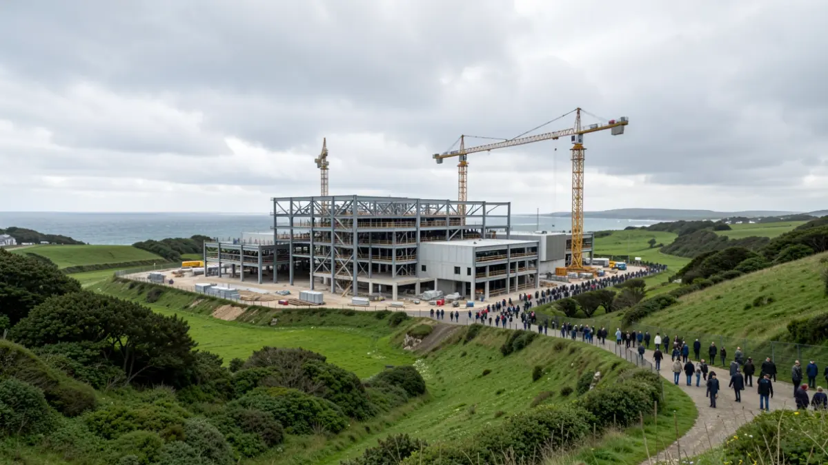 Imaxe dun complexo industrial en construción nun val verde.