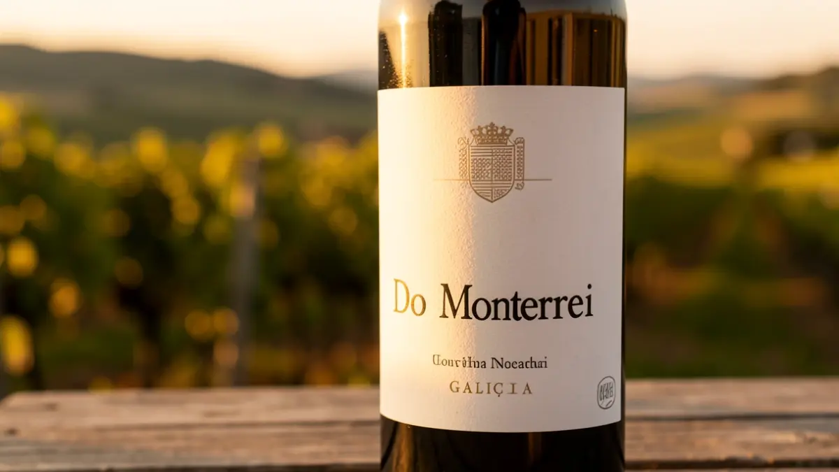 Botella de viño da Denominación de Orixe Monterrei sobre unha superficie de madeira con viñedos ao fondo.