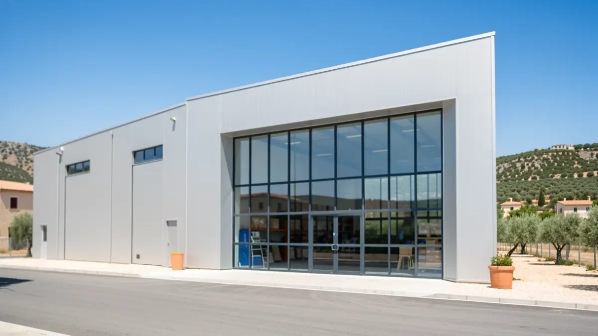 Facade of an industrial building materials warehouse.