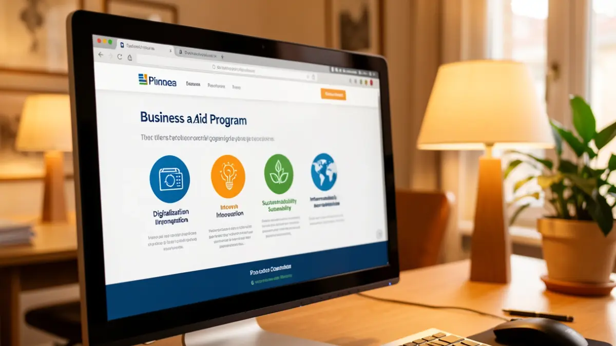 Computer screen showing business aid program details with icons for digitalization, innovation, sustainability, and internationalization.
