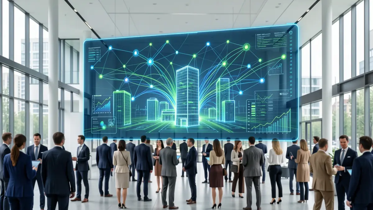 Interfaz digital futurista que representa inteligencia artificial y gestión de edificios inteligentes.