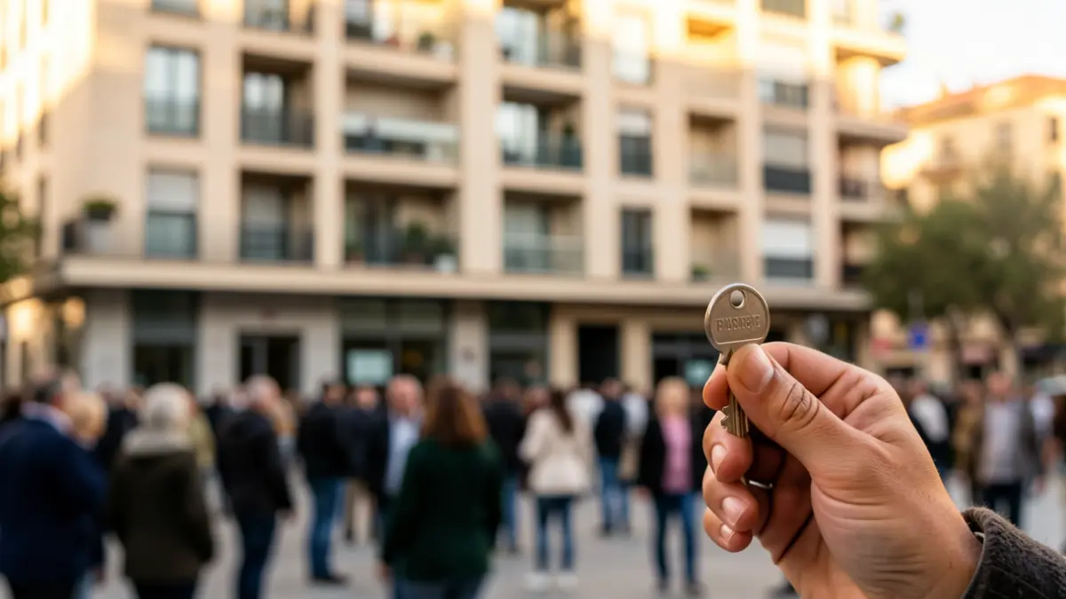 Generic image of a house key in front of a residential building.