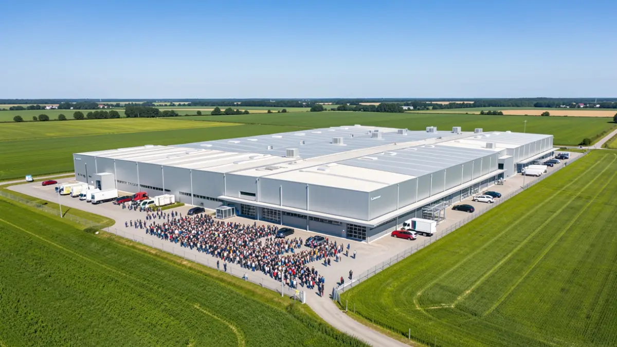 Imaxe xenérica dunha planta industrial moderna con tellados amplos e contorna verde.