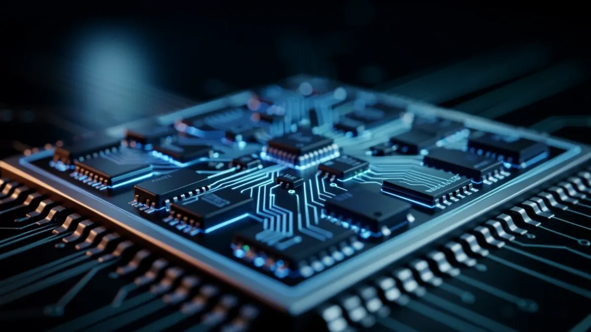 Primeiro plano dun sensor de microarranxo de transistor de efecto de campo de grafeno con circuítos intrincados, brillando cunha sutil luz azul.