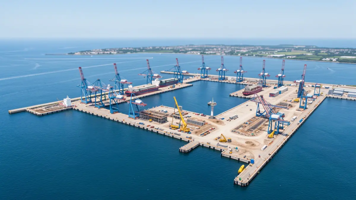 Vista aérea de un gran puerto con muelles en construcción y grúas.