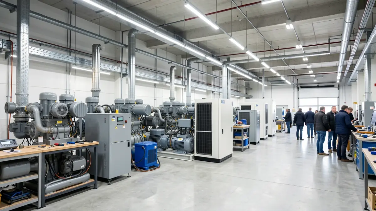 Interior of a modern industrial workshop with compressors and cooling machines.