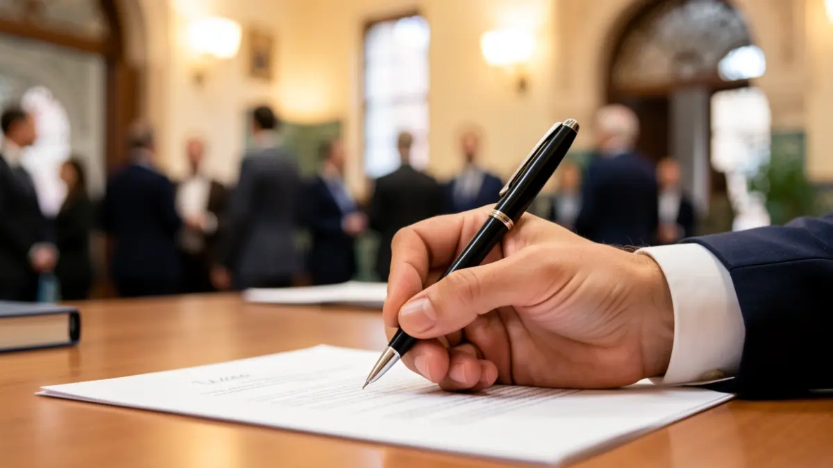 Imagen genérica de una mano firmando un documento en un escritorio.
