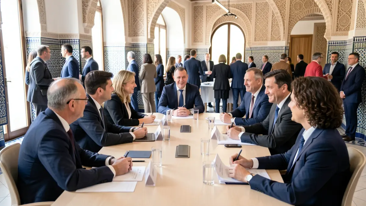 Delegación internacional reunida en una sala de juntas con elementos arquitectónicos andaluces.