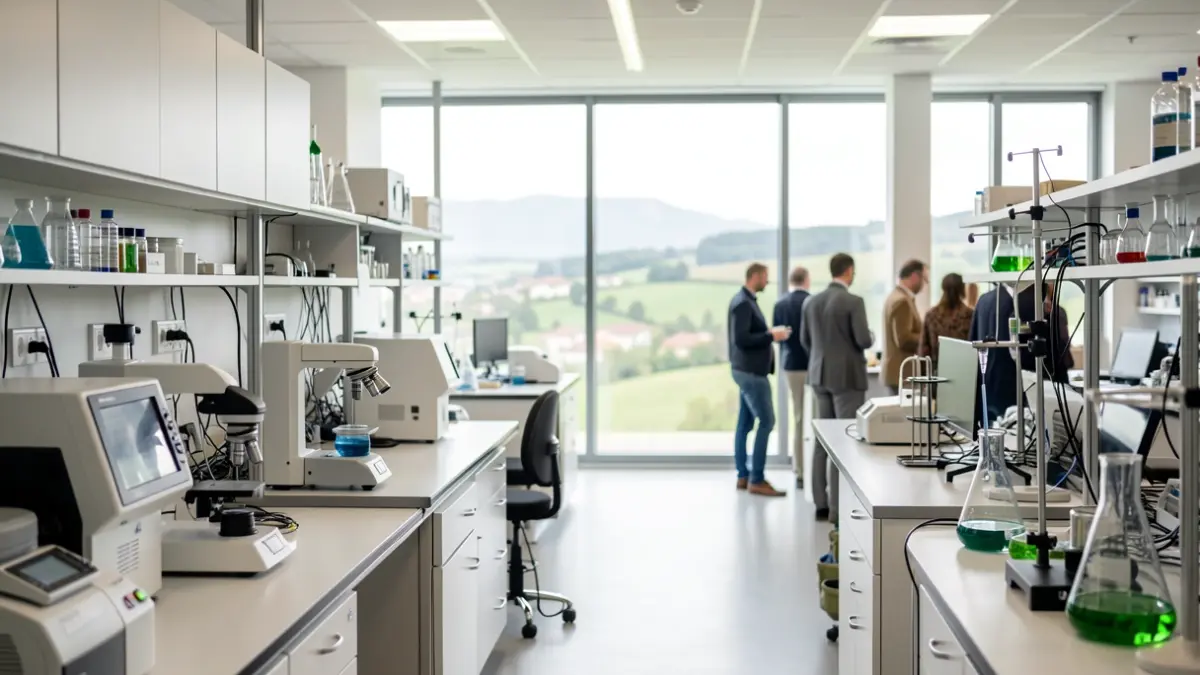 Imagen genérica de un laboratorio moderno con equipamiento científico avanzado y una vista borrosa de un paisaje gallego.