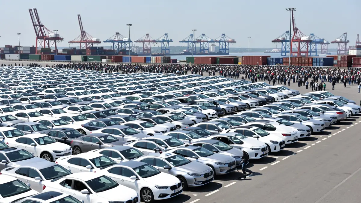 Imaxe xenérica de centos de carrocerías de coches aliñadas nunha campa portuaria.