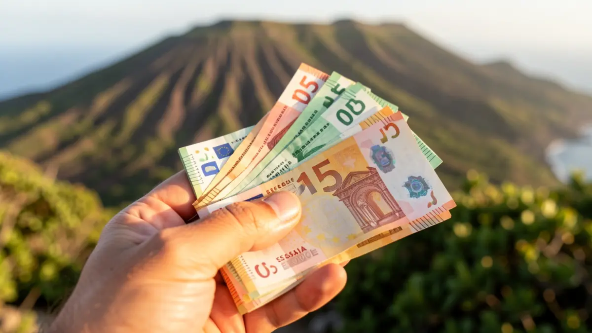 Manos sosteniendo billetes de euros con un paisaje volcánico canario de fondo.