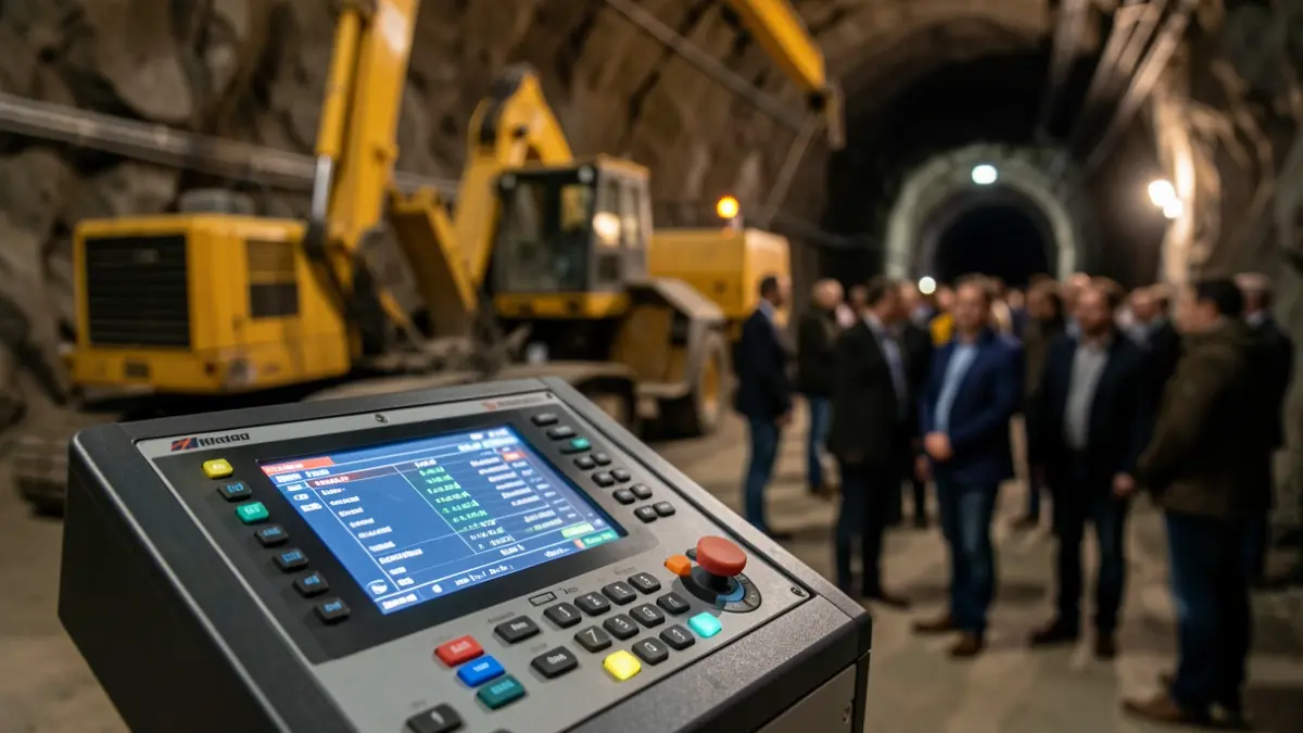 Close-up of a remote control panel with buttons and a screen, in a mine tunnel.