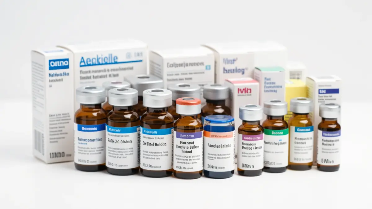 Imaxe xenérica de frascos de medicamentos e caixas sobre fondo branco.