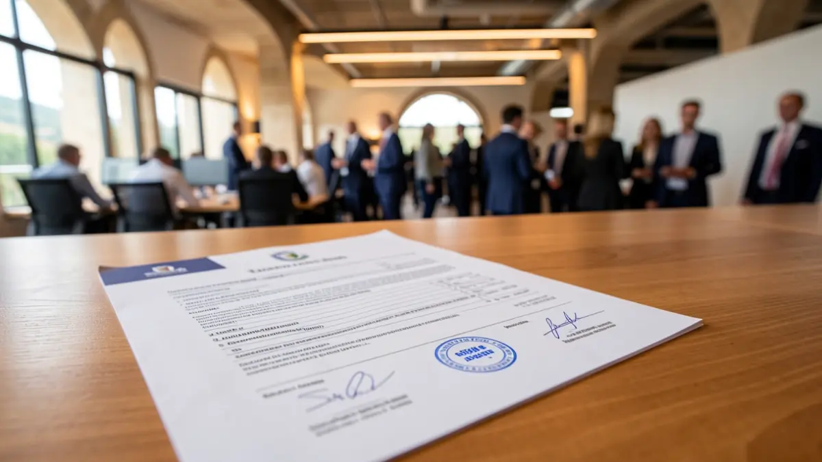Image of a business registration document with official stamps on a desk.