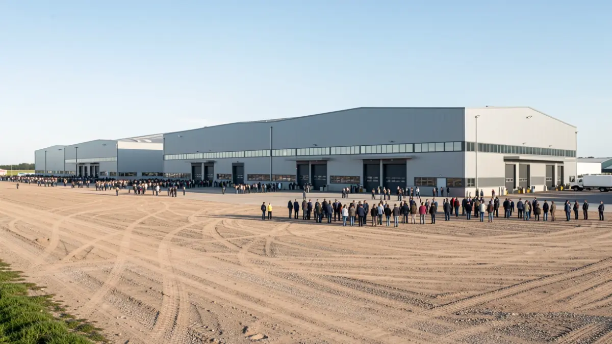 Imagen genérica de naves industriales con terrenos adyacentes, sugiriendo ampliación y mejora de la capacidad productiva.