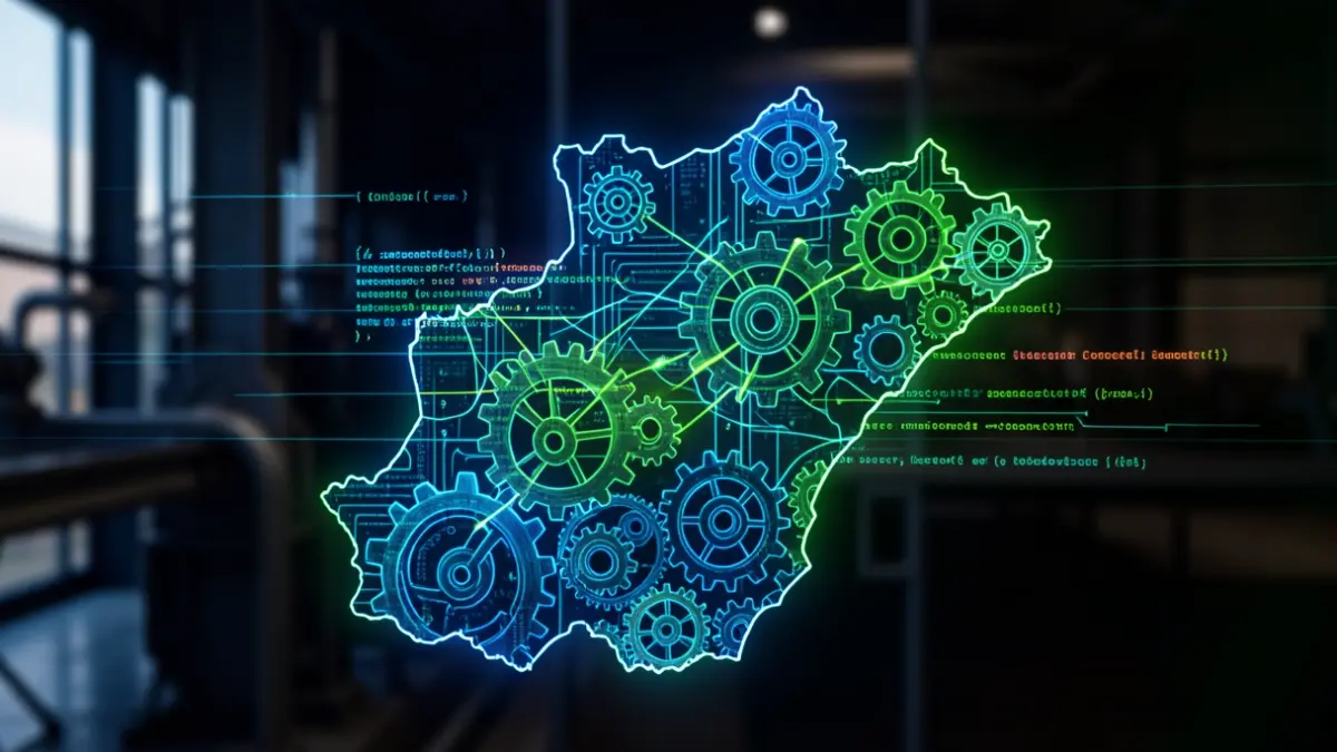 Imagen genérica: Representación abstracta de industria y transformación digital con silueta del País Vasco.