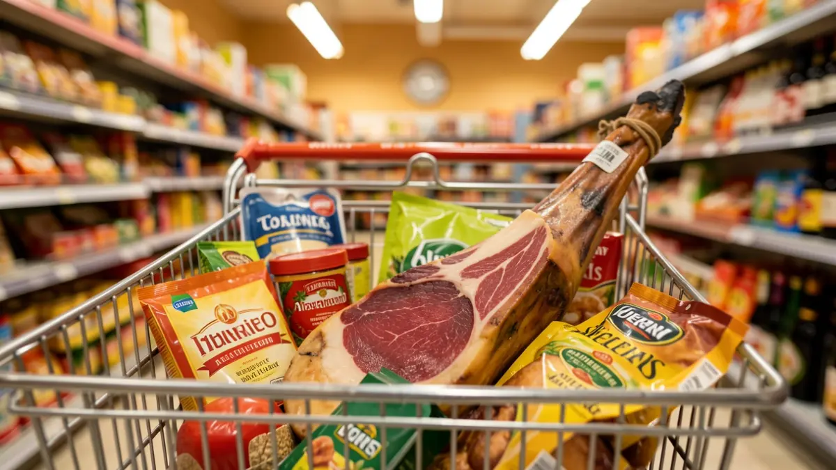 Carrito de la compra lleno de productos, destacando un jamón.