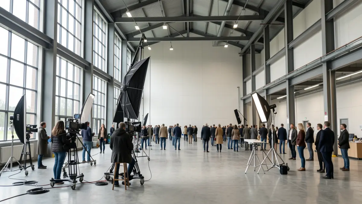Interior of an industrial warehouse adapted for film production.