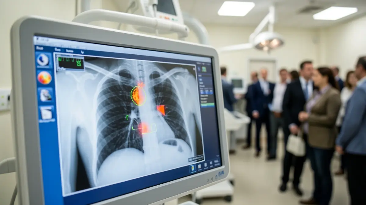 Primer plano de una pantalla de escáner médico mostrando una radiografía de tórax con áreas resaltadas por análisis de IA.