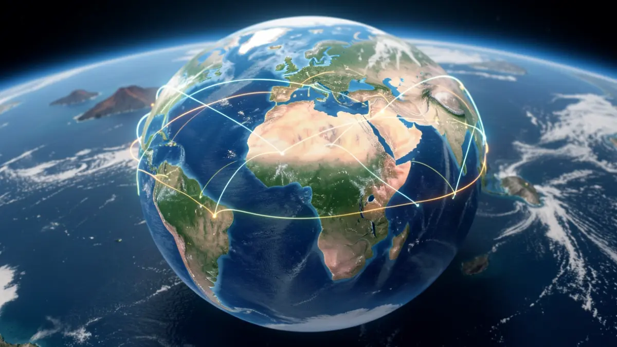 Representación estilizada de la Tierra vista desde el espacio, conectando continentes y simbolizando un centro tecnológico.