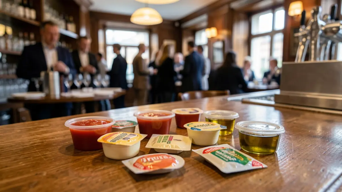 Image of single-use condiment packets on a bar counter.