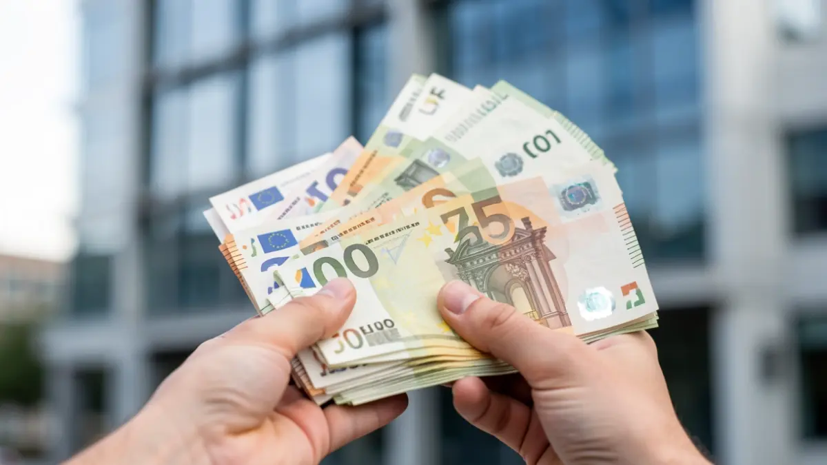 Manos sosteniendo billetes de euro con un edificio de oficinas moderno difuminado al fondo.