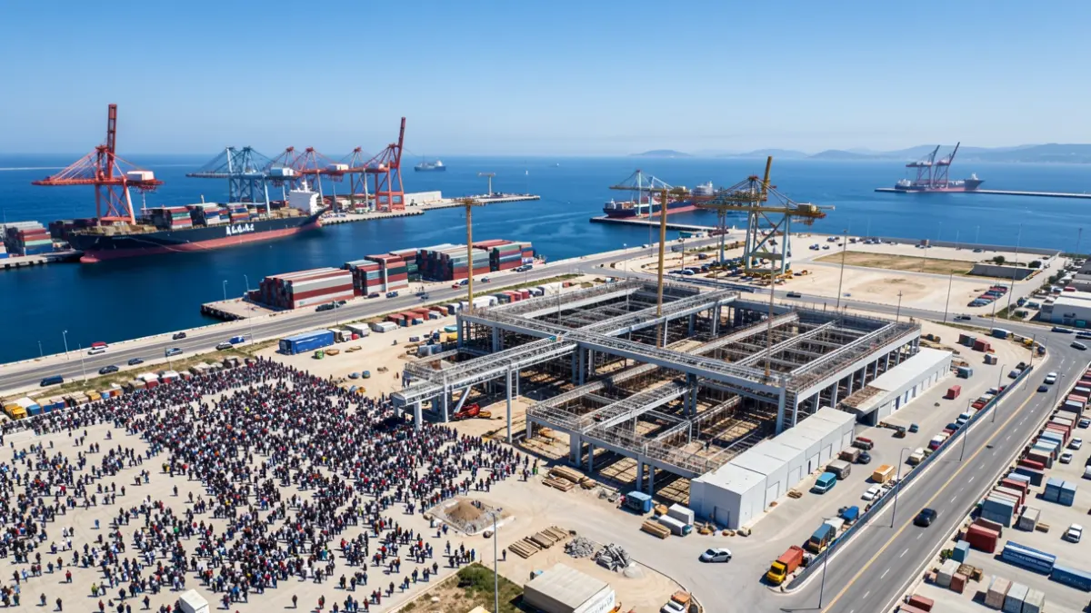 Aerial view of a logistics terminal under construction at the Port of Huelva.