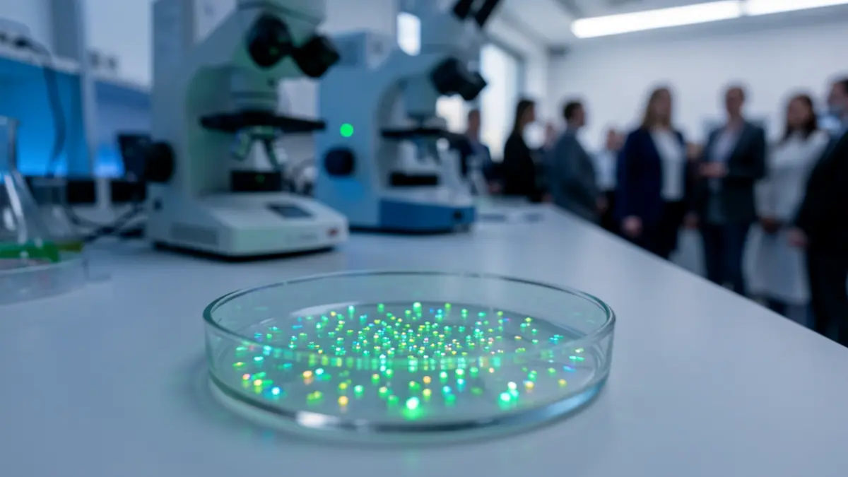 Iones de lantánido brillantes en un laboratorio de investigación biomédica.