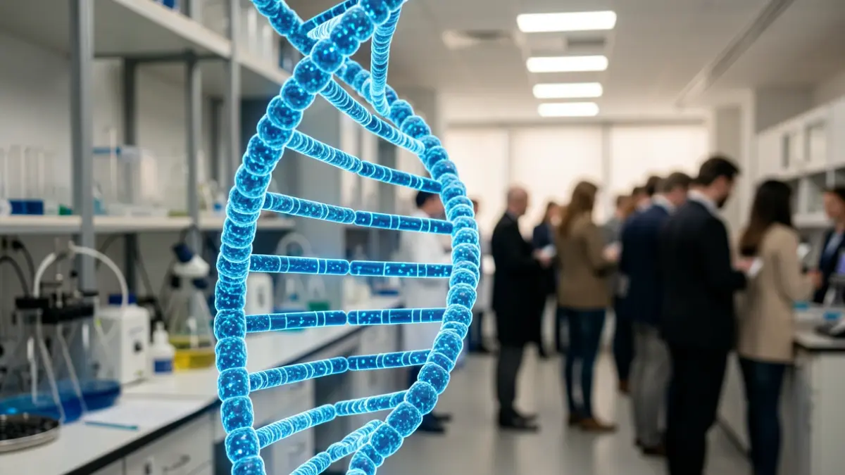 Estructura de doble hélice de ADN hecha de material genético azul brillante en laboratorio.
