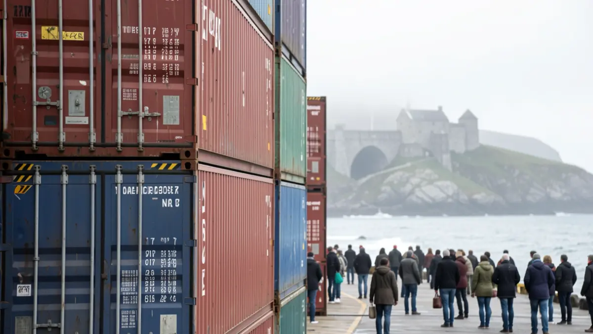 Imagen genérica de contenedores de transporte marítimo en un puerto gallego con arquitectura de granito al fondo.
