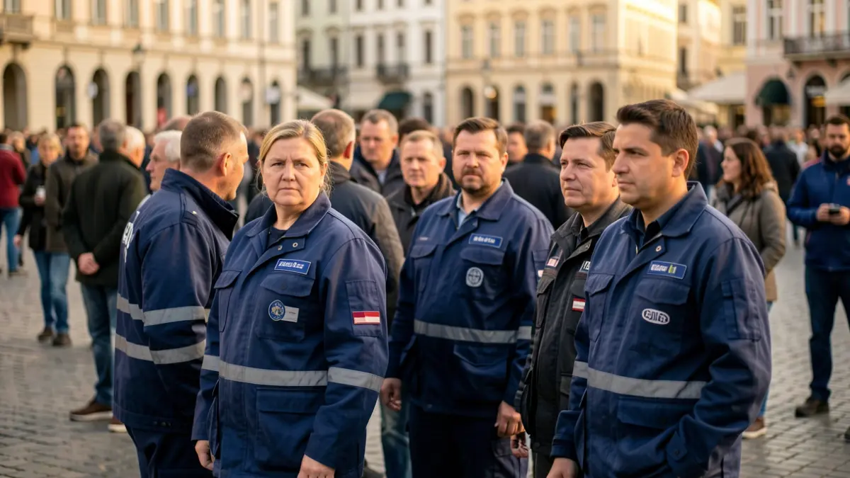 Generic image of workers gathered in an urban square.