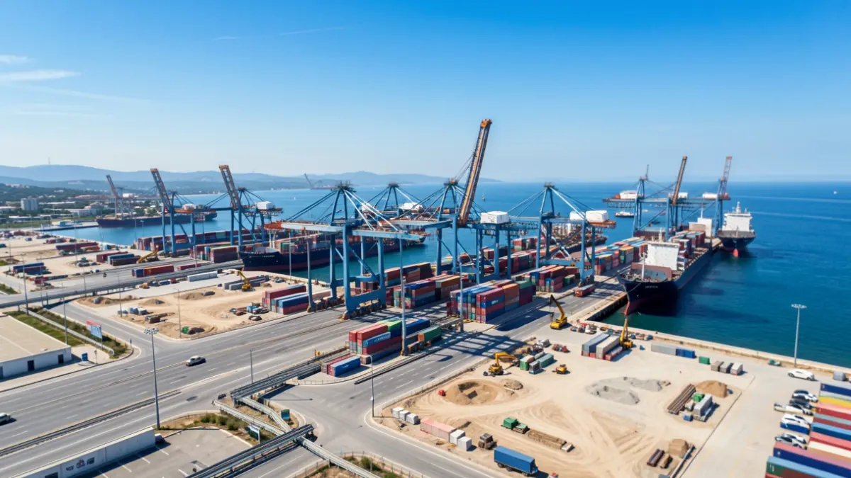 Vista aérea de una terminal de contenedores en expansión en el Puerto de Algeciras.