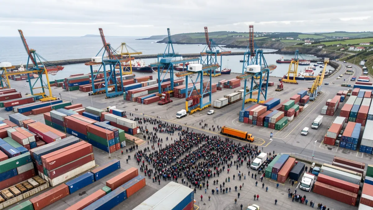 Vista aérea de una zona portuaria industrial con contenedores y grúas.