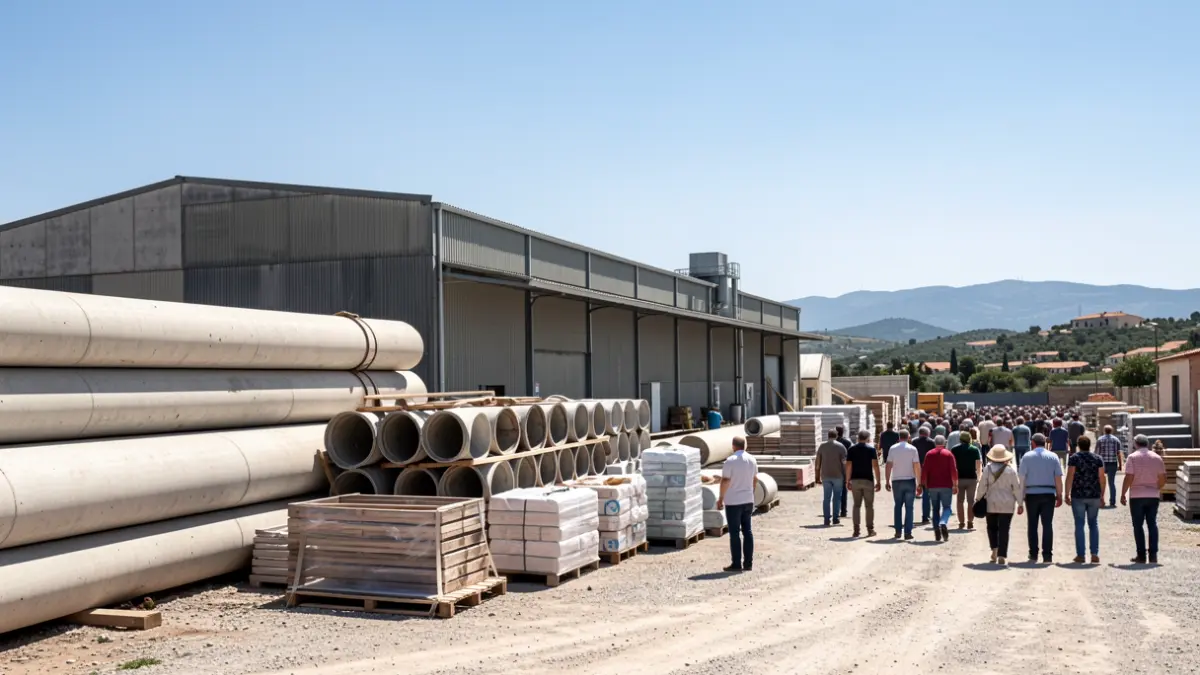 Vista exterior de una planta industrial con materiales de construcción.