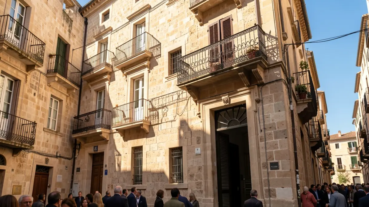 Image of the facade of a historic building undergoing renovation in a Mediterranean urban setting.
