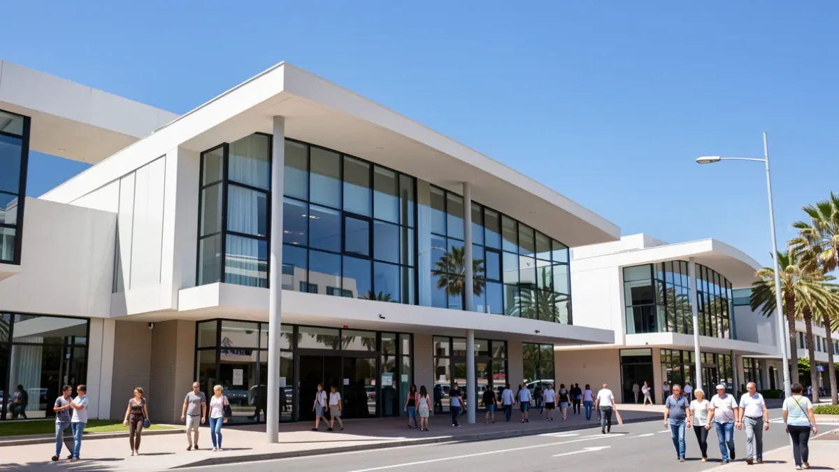 Modern facade of a commercial center in Tenerife with sustainable design under natural light.