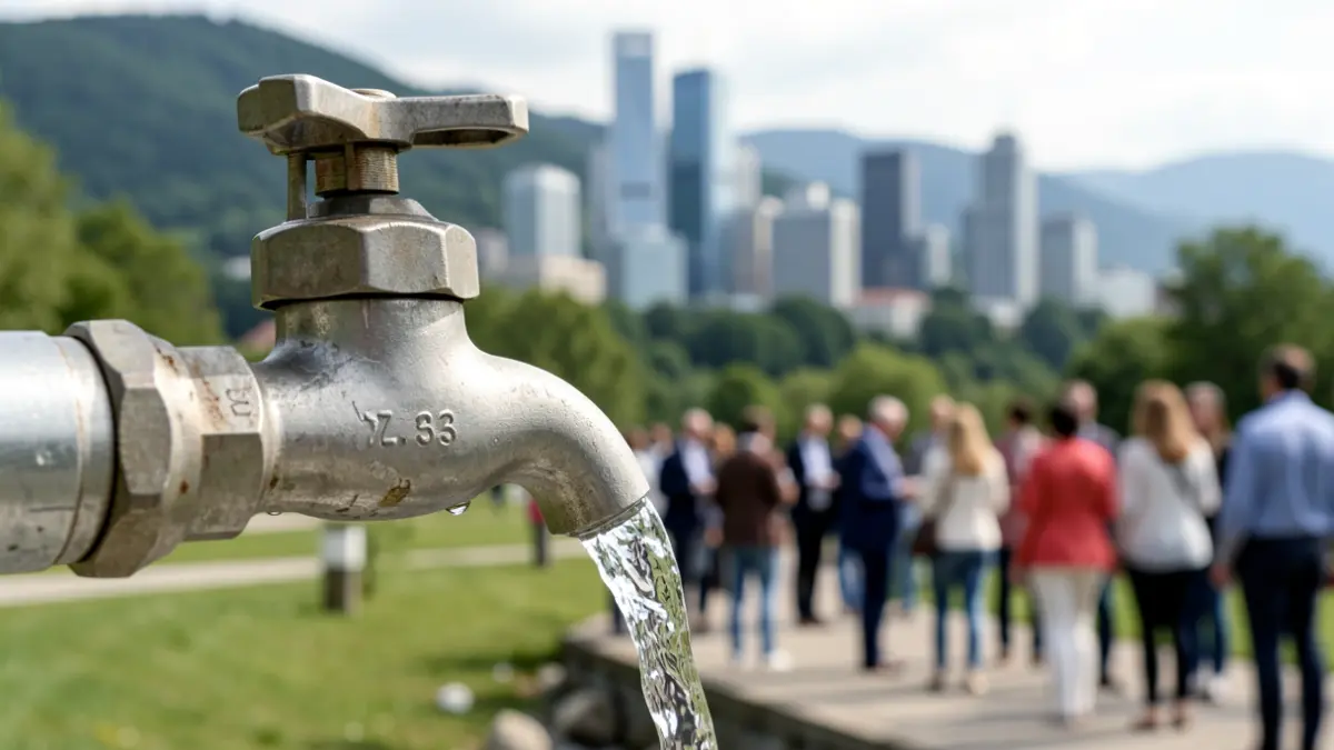Imagen genérica de un grifo de agua corriente con un paisaje urbano al fondo.