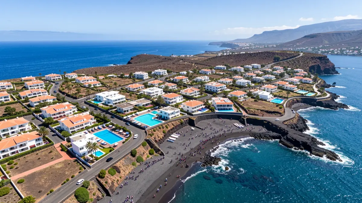 Aerial view of vacation homes on the Canary Islands coast.