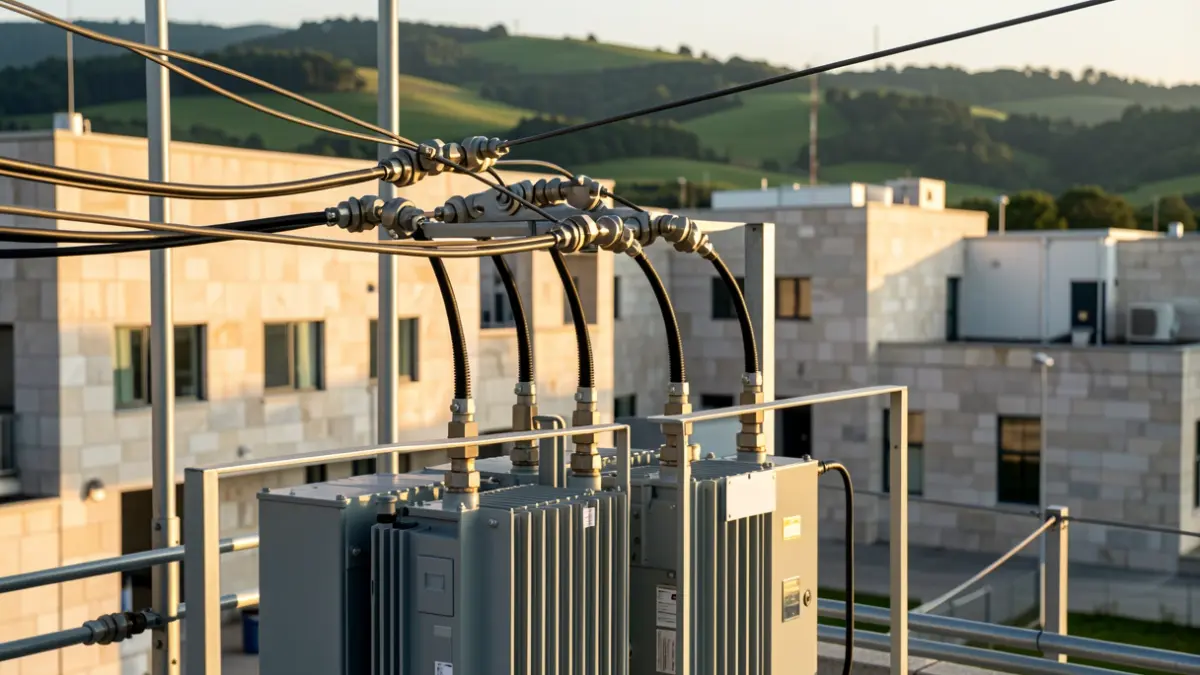 Primera imagen de un parque empresarial en Galicia con líneas eléctricas y arquitectura de granito.