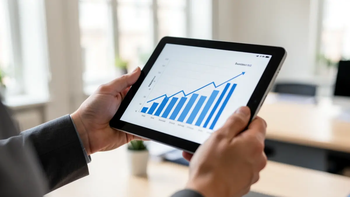 Primer plano de las manos de una mujer sosteniendo una tableta con un gráfico de crecimiento empresarial, con fondo de oficina difuminado y luz natural suave.
