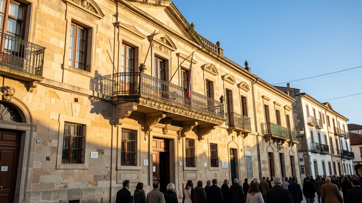 Imaxe xenérica dunha casa consistorial de Galicia con balcón ornamentado e reixas de ferro, luz solar cálida da tarde proxectando sombras nas paredes de arenito, ceo azul.