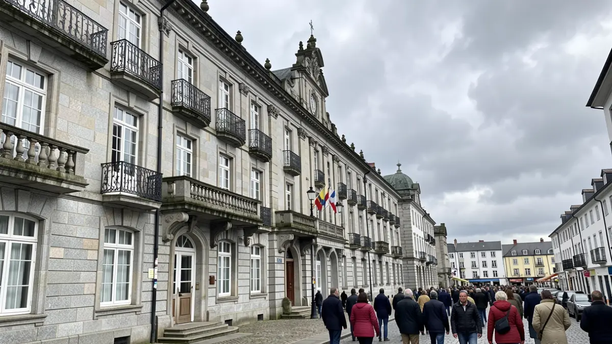 Imagen genérica de la sede de la Xunta de Galicia, con arquitectura de granito y balcones ornamentados.