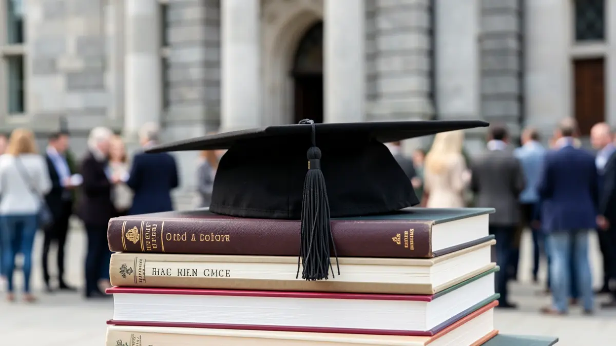 Imaxe dun birrete de graduación sobre libros, cun edificio universitario de granito ao fondo.