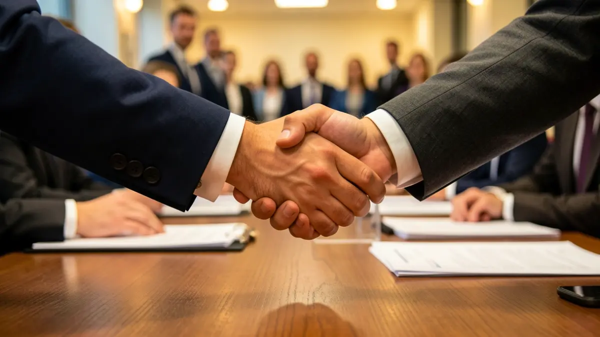 Two people closing a business deal over an office desk.