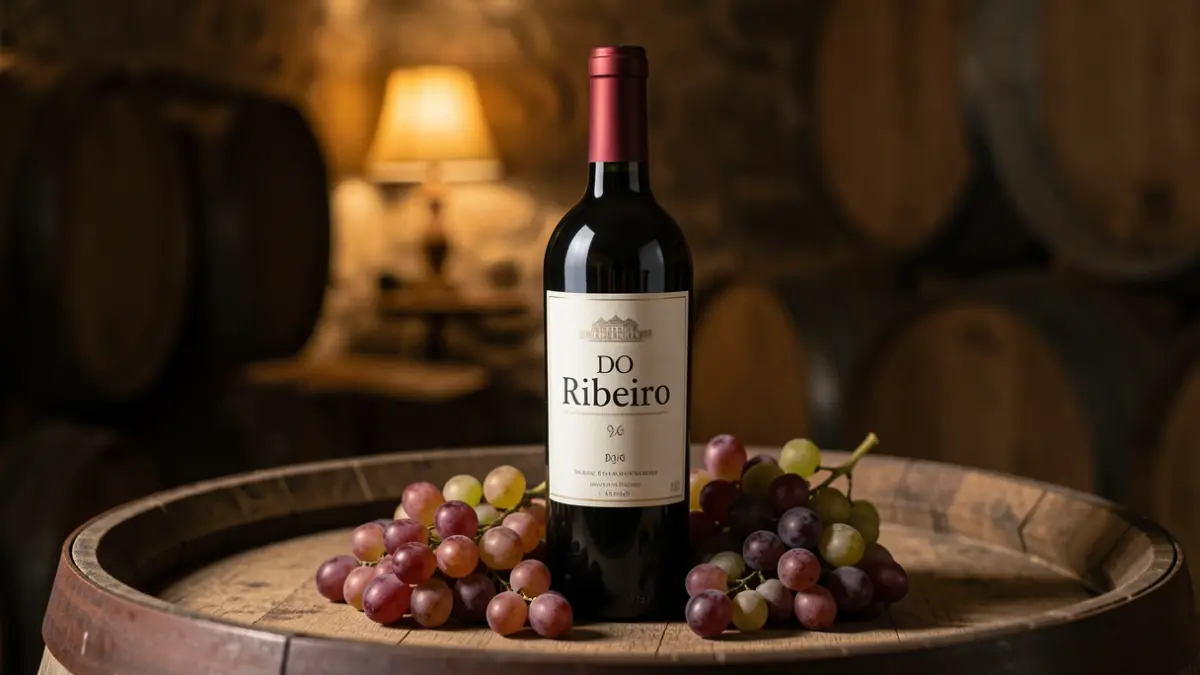 Primer plano de una botella de vino de la DO Ribeiro sobre un barril de madera en una bodega.