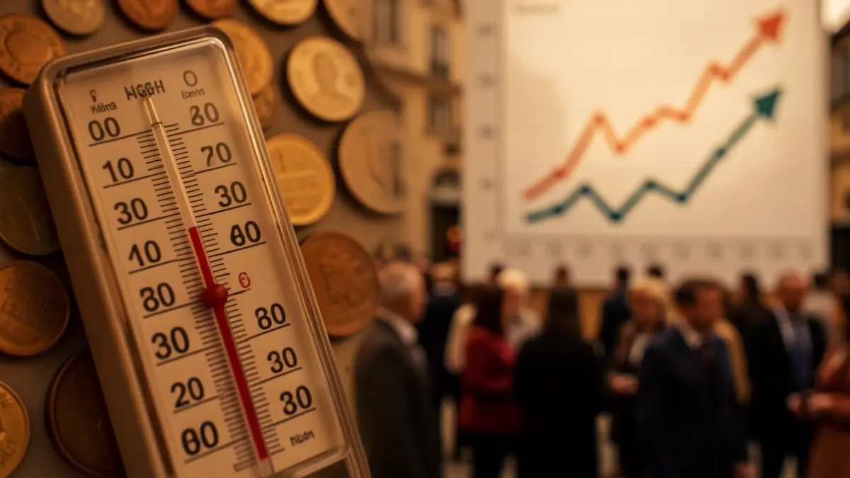 Imaxe xenérica dun termómetro cunha tendencia alcista e moedas.