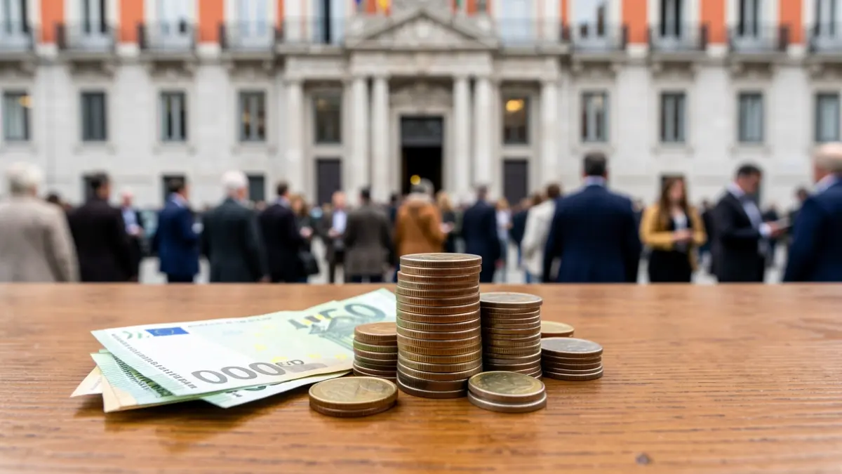 Imagen genérica de monedas y billetes de euro sobre una mesa de madera, con un edificio gubernamental español desenfocado al fondo.