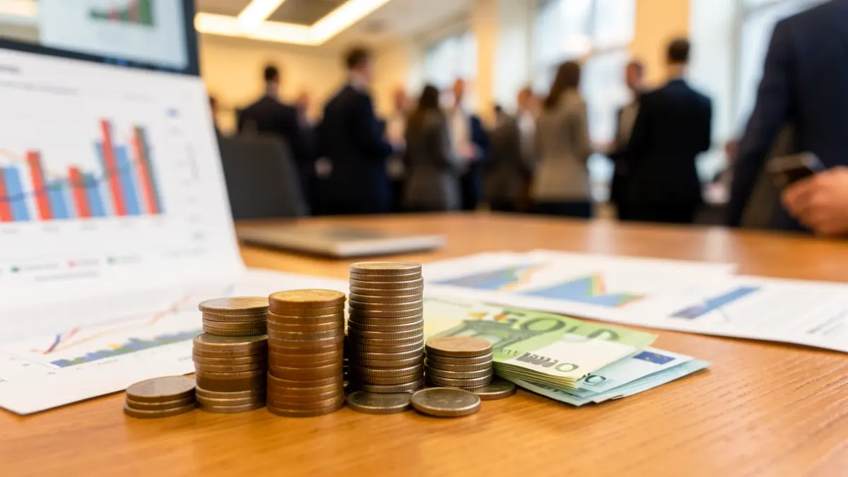 Imagen genérica de monedas y billetes de euro sobre una mesa con gráficos financieros borrosos.