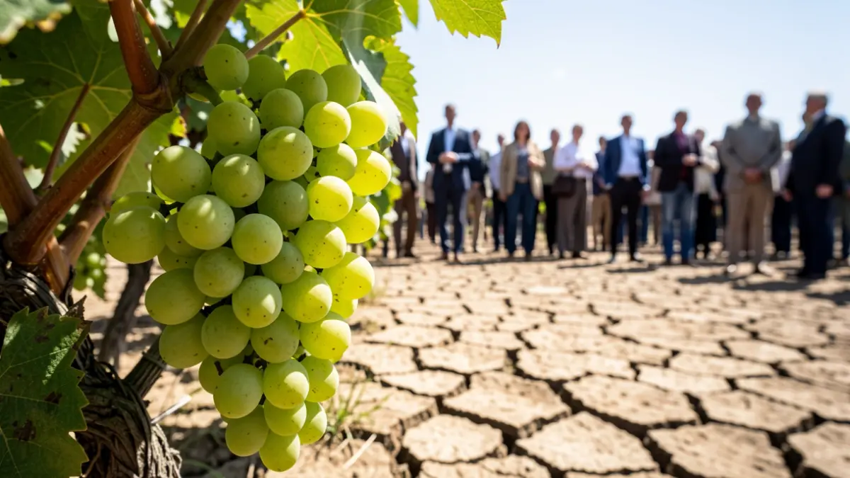 Primer plano de uvas verdes maduras en una vid, con tierra seca y agrietada al fondo bajo un sol intenso.
